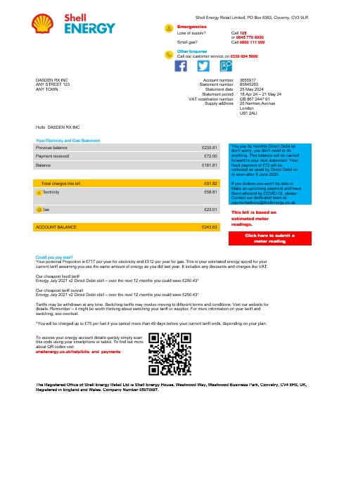 United Kingdom Shell Energy business utility bill template Word and PDF template PSD template